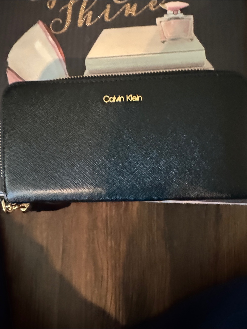 Calvin Klein Black Saffiano Zip-Around Wallet with Gold Logo